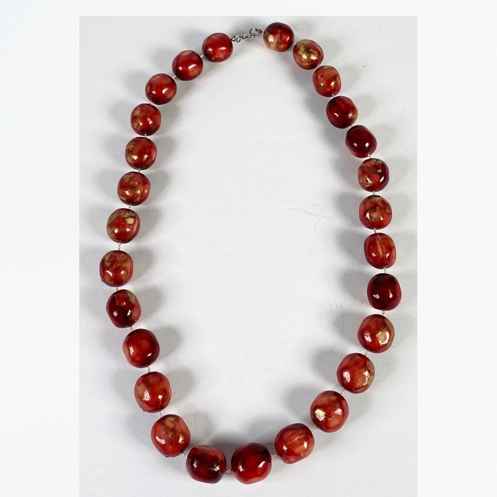 Vtg Fused Thread Beaded Necklace Red Painted Metallic Gold Tone Glossy Unique